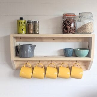 rustic reclaimed wooden kitchen mug shelf.