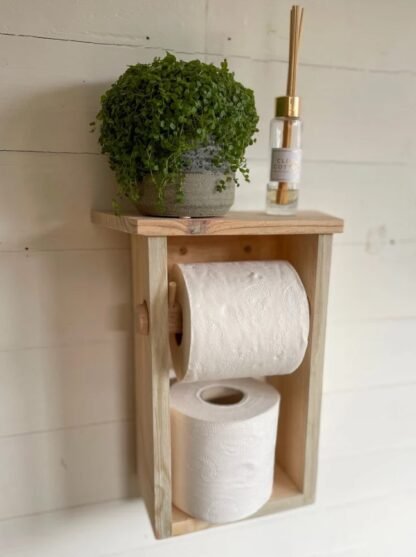 toilet roll holder with shelf and storage