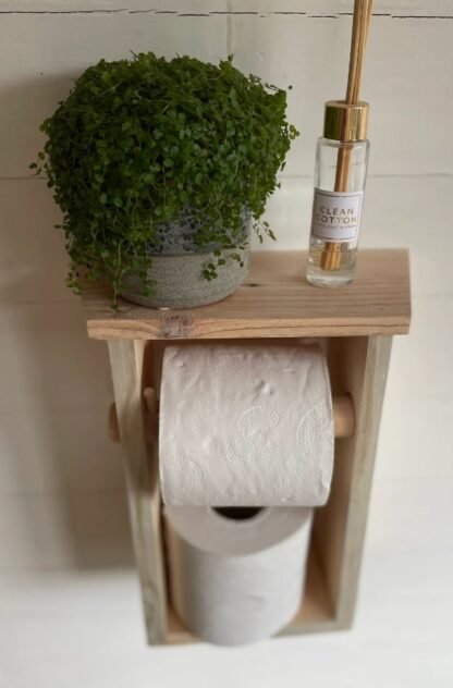 toilet roll holder with shelf and storage