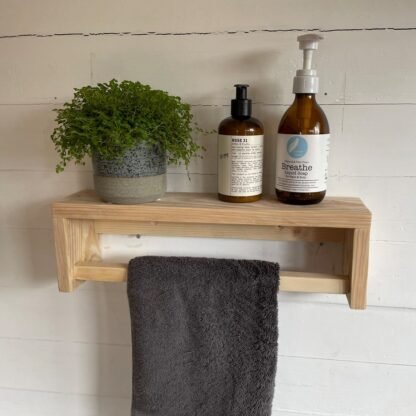 Towel rail with shelf by crowfoot salvage - in a natural wax finish