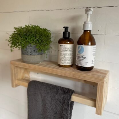 Towel rail with shelf by crowfoot salvage - in a natural wax finish