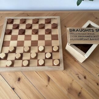 Handmade draughts set made of reclaimed hardwoods by crowfoot salvage