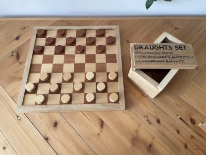 Handmade draughts set made of reclaimed hardwoods by crowfoot salvage