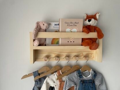 Nursery shelf with hanging space.