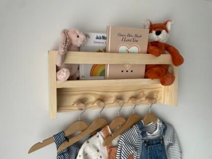 Nursery shelf with hanging space.