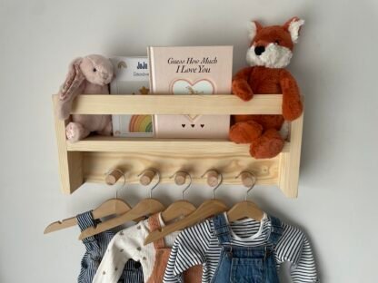 Nursery shelf with hanging space.