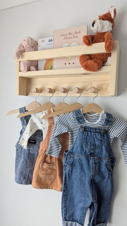 Nursery shelf with hanging space.