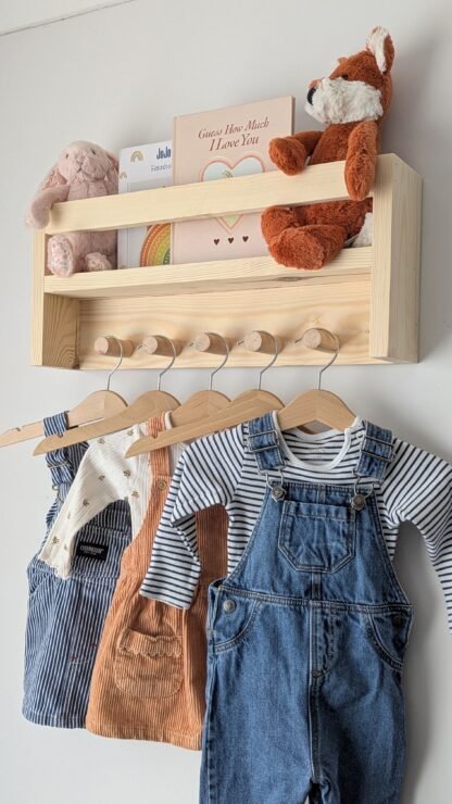 Nursery shelf with hanging space.