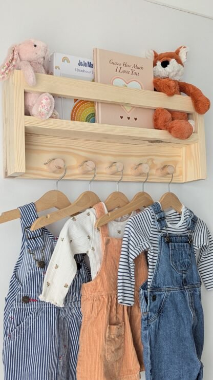 Nursery shelf with hanging space.