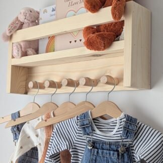 Nursery shelf with hanging space.