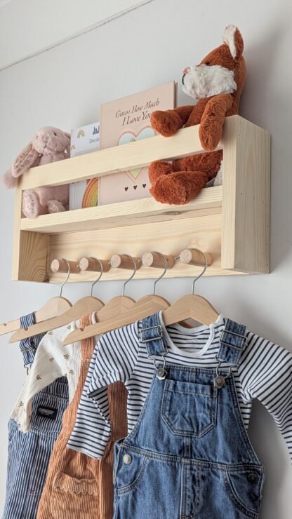 Nursery shelf with hanging space.