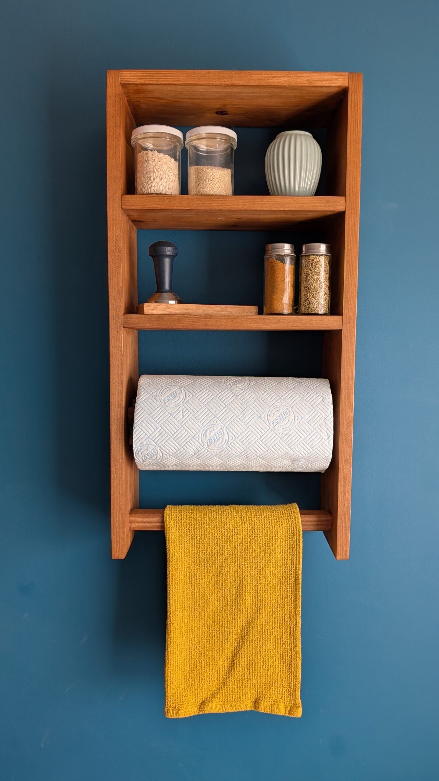 Rustic modern kitchen shelves with towel rail & kitchen roll holder.